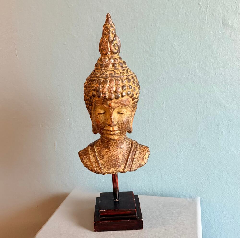 Vintage Tibetan Buddha Head Bust 17 Inches on Pedestal Stand Sculpture
